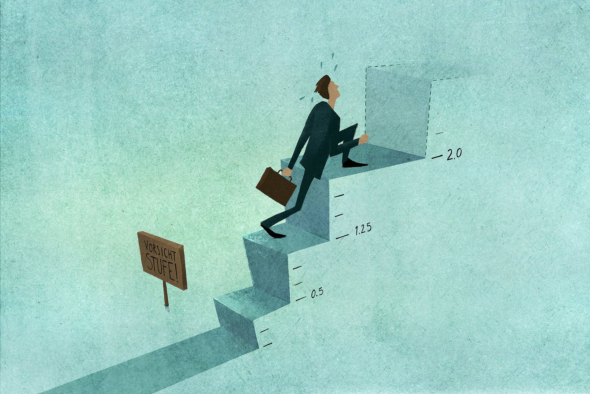 Illustration von Erica Lefstad: Eine Person mit Aktentasche steigt Stufen hoch, die für die Zinsschritte der EZB stehen.