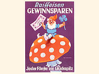 Das erste Gewinnspar-Plakat des VR Gewinnsparvereins Bayern von 1952. Zu sehen ist ein Zwerg, der auf einem Fliegenpilz sitzt und einen 50-Mark-Schein in der Hand hält.