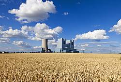 Ein Kohlekraftwerk mit einem Getreidefeld im Vordergrund.