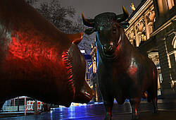 Bulle und Bär vor der Frankfurter Börse stehen für volatile Aktienkurse (Symbolbild).