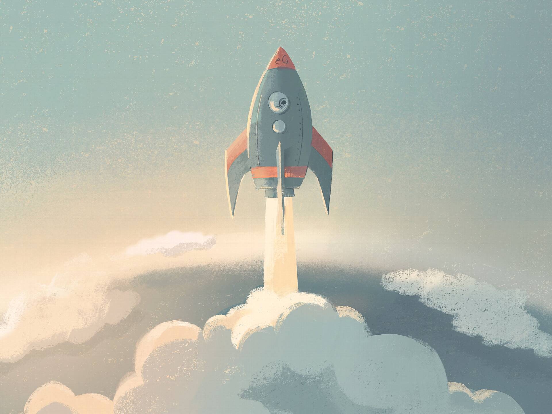 Eine illustrierte Rakete startet in den Weltraum.